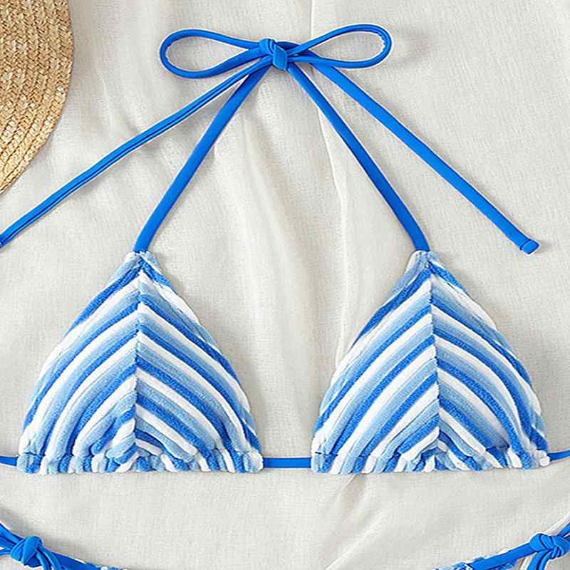 ビキニ レディース 水着 セパレート ストライプ柄 ホルターネック 体系カバー 大人 女性用 プール 海水浴 ビーチ contact冷感 S M L XL XXL ブルー