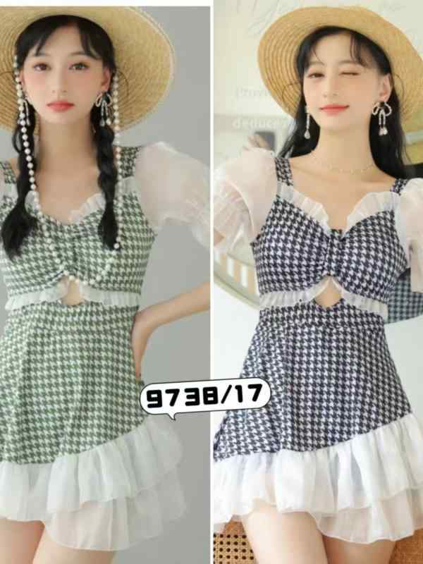 水着 レディース 大人用 半袖 チェック柄 体型カバー ワンピース水着 90-115斤 ポリエステル かわいい ..