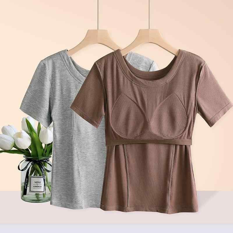 Tシャツ レディース 半袖 胸パッド付き モダール リブ 薄手 M L XL 2XL 3XL 4XL 大きいサイズ 夏 黒 白 グレー コーヒー(x100)