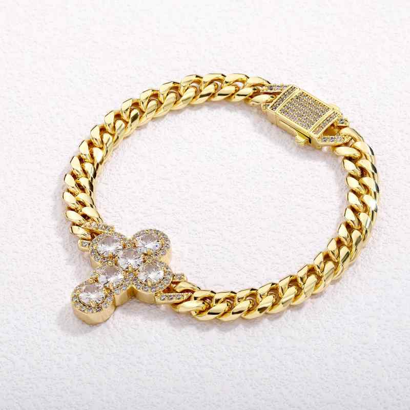 楽天リモコンタウンエコ 楽天市場店ブレスレット 男性用 ヒップホップ キューバチェーン ジルコニア クロス クローバー 電気メッキ加工 高級感 個性的 アクセサリー