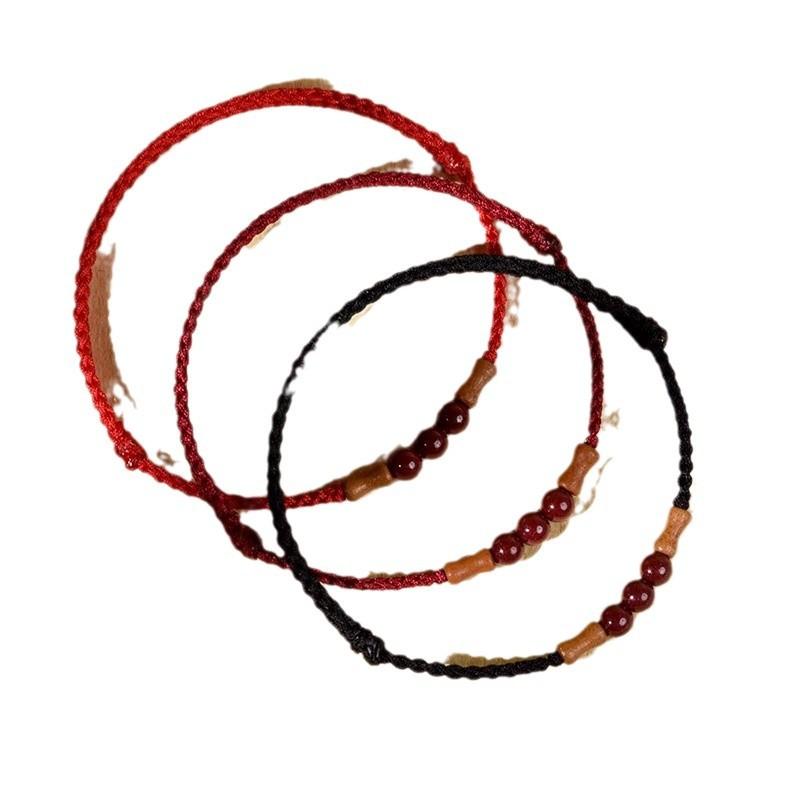 ブレスレット レディース メンズ レッド 赤 本命年 ラッキーアイテム 桃木 竹 シンプル ハンドメイド 手編み ペア お揃い ギフト