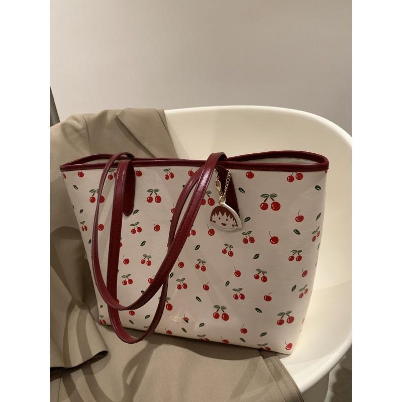トートバッグ レディース 大容量 通勤 通学 旅行 肩掛け カバン さくらんぼ柄 プリント PUレザー バーガンディ アイボリー