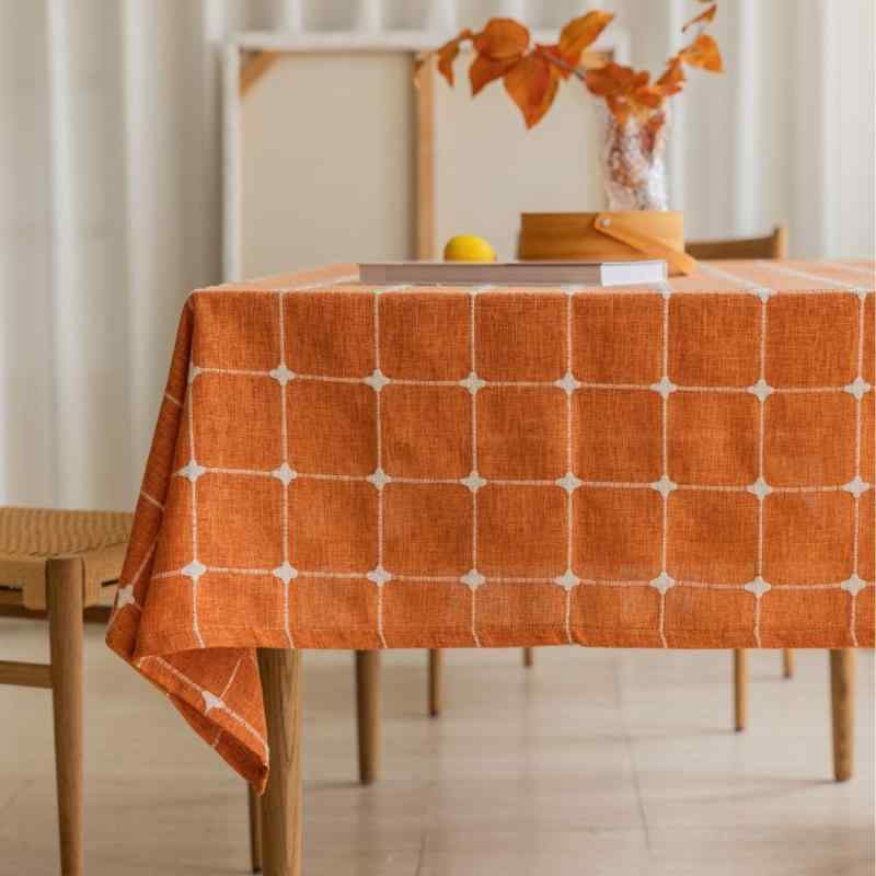 テーブルクロス 長方形 コットン リネン 橘色 格子柄 撥水 防塵 テーブルマット インテリア カフェ風