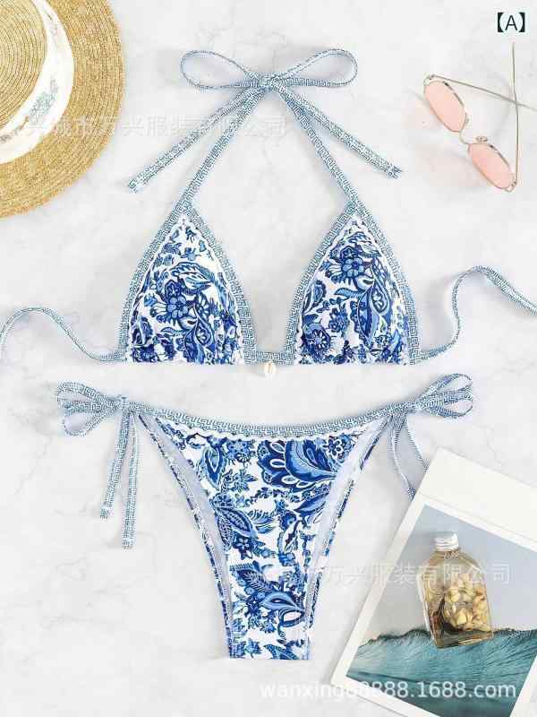 水着 レディース セパレート 青花柄 ビキニ 体系カバー ホルターネック 大人 かわいい 紐パン スイムウェア ビーチ プール 海水浴 旅行 温泉 4点セット