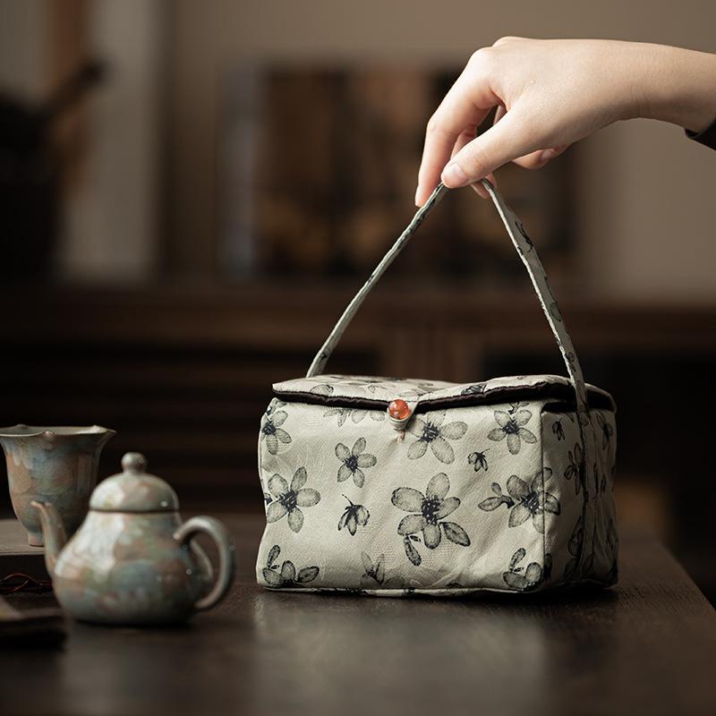 茶道具 レディース 雛菊柄 収納バッグ 織物 綿製 携帯用 旅行用 茶器セット 茶碗 ティーポット 保護 衝..