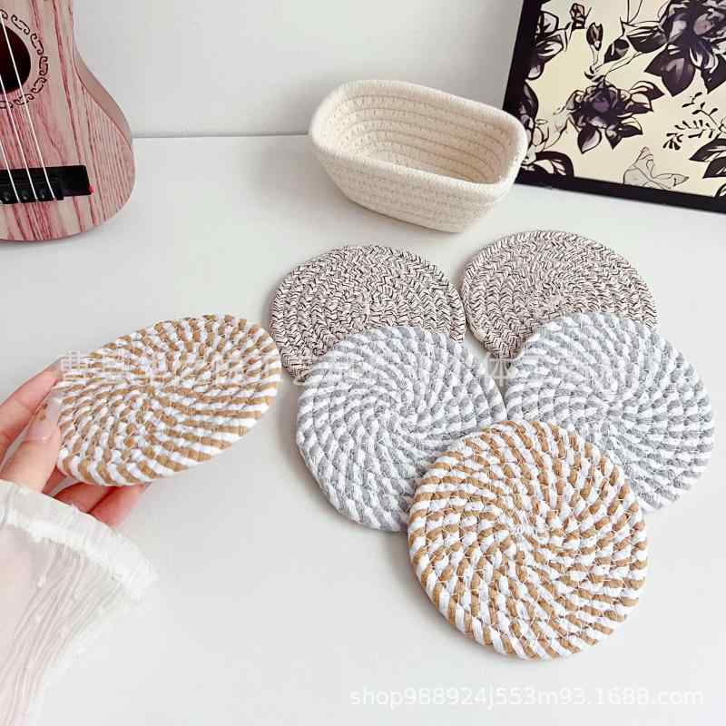 コースター キッチン 円形 綿糸 編み込み 断熱 厚手 テーブルウェア 茶托 おしゃれ かわいい シンプル モダン 白 グレー ブラウン ベージュ ブラック2