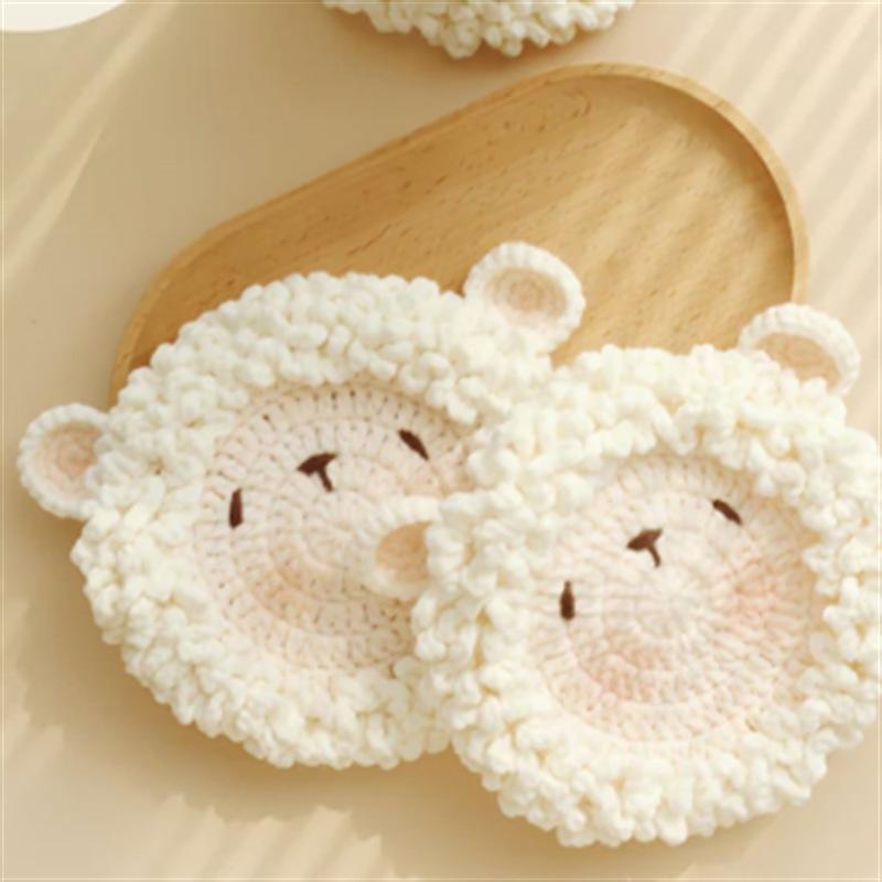 テーブルマット 北欧風 手編み 小さな羊柄 ポリエステル製 プレースマット オフホワイト 円形 不規則形..