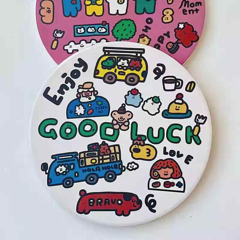 鍋敷き 陶器 レディース カートゥーン柄 断熱 防水 コースター 滑り止め付き ピンク ホワイト2