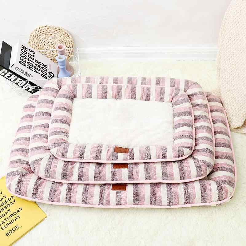 犬用ベッド マット クッション 小型犬 中型犬 猫用 ペットベッド 冬用 厚手 暖かい 柔らかい 綿麻 ストライプ ピンク系 ブルー系