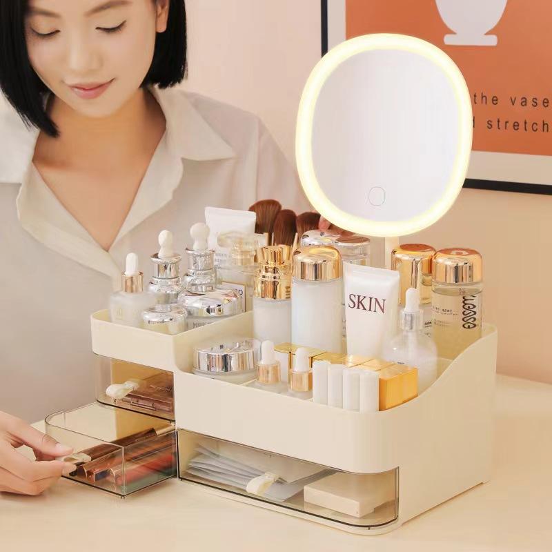 収納ケース LEDライト付き 卓上ミラー メイクボックス コスメ収納 整理整頓 小物入れ 大容量 クリーム色