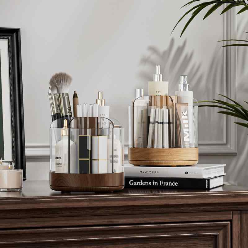 メイクボックス デスク収納 卓上収納 文房具収納 ペン立て 大容量 回転式 シンプル かわいい オーク ブラック