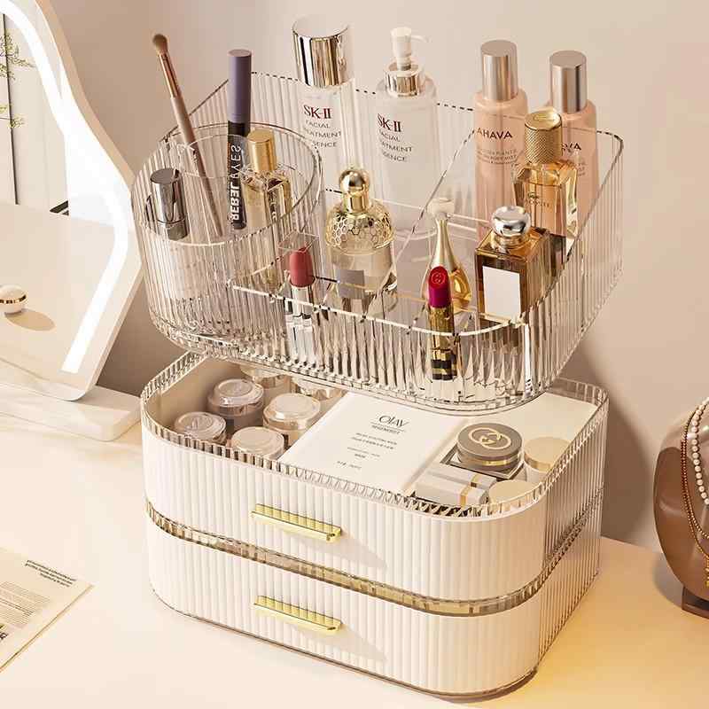 コスメ収納ボックス レディース メイクボックス 大容量 卓上 ドレッサー 化粧品収納ラック 口紅 眉ペン ホルダー 小物入れ PET ABS製 北欧風 クリーム色 透明色 透灰色
