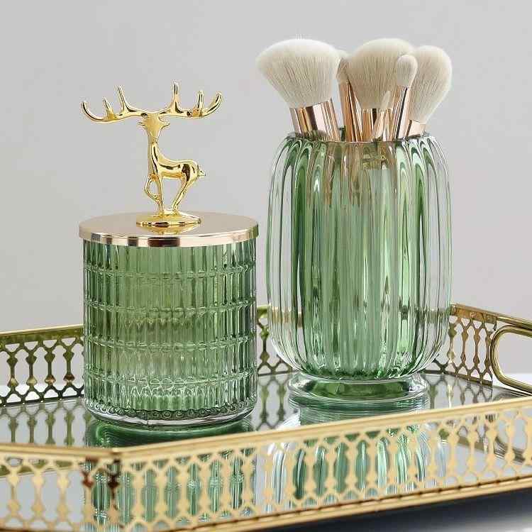 化粧ブラシホルダー ガラス製収納ケース ペン立て 水耕栽培 花瓶 透明 グリーン アンバー2