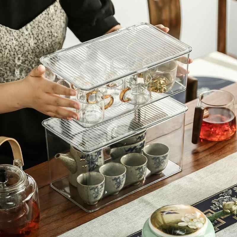 茶道具 収納ケース フタ付き 茶碗 ティーポット 整理棚 プラスチック製 デスク 卓上 密閉 透明 大中小 ..