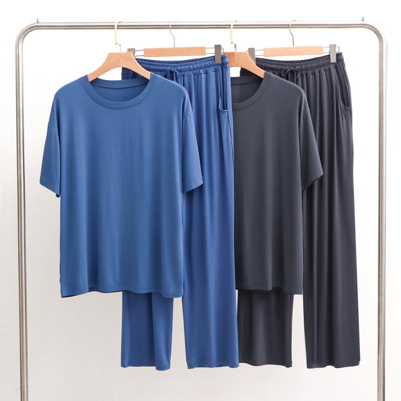 パジャマ メンズ 男性用 ホームウェア 半袖長ズボン 上下セット リラックスウェア 部屋着 モダール 通気性 抗菌 伸縮性 春夏 ブラック グレー ネイビー