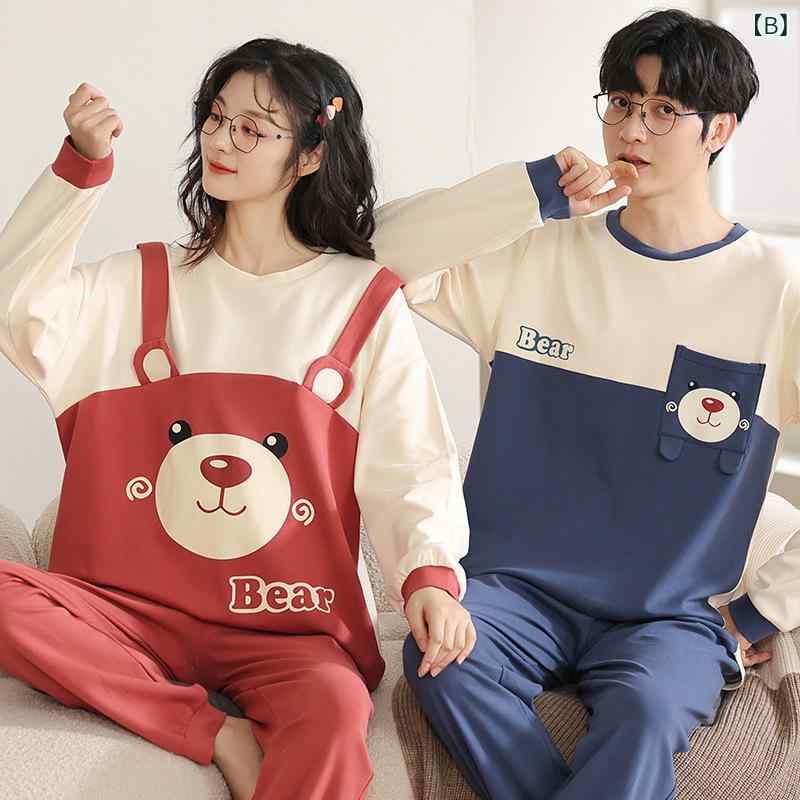 リモコンタウンエコ 楽天市場店のパジャマ レディース メンズ 春秋 長袖 綿100% 上下セット かわいい ルームウェア 寝間着 部屋着 ペア コットン やわらかい 中厚手 ラウンドネック リラックス シンプル 快適｜アングル3