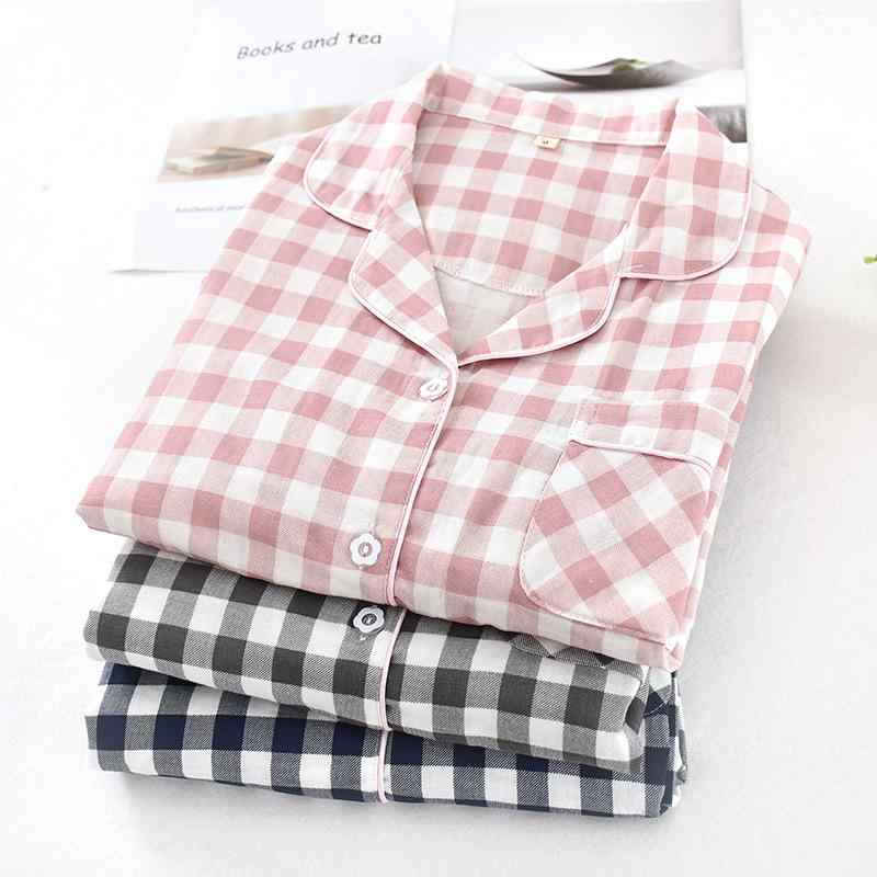 パジャマ レディース メンズ 春秋 薄手 長袖 半袖 綿100% ガーゼ Vネック 前開き 上下セット 夫婦 カップル ペアルック 寝巻き ルームウェア 部屋着 チェック柄 ピンク系 ネイビー 灰色