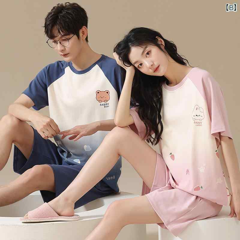 リモコンタウンエコ 楽天市場店のパジャマ レディース メンズ 春夏 半袖 短パン 綿100％ 薄手 ルームウェア 上下セット ラウンドネック 涼しい 快適 リラックス 部屋着 寝間着 かわいい おしゃれ 高見え ギフト｜アングル3