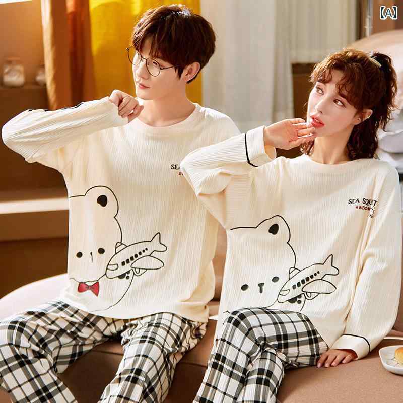 パジャマ 秋冬 長袖 長ズボン 上下セット メンズ レディース ニット 綿 部屋着 ルームウェア かわいい キャラクター ペア カップル リラックス ウェア カットソー