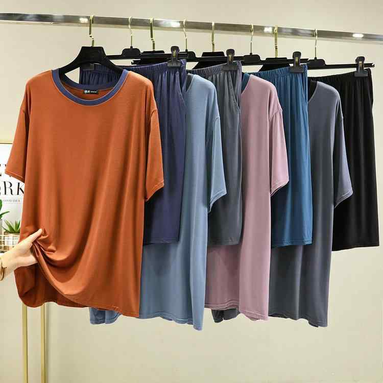 パジャマ メンズ 男性用 上下セット モダールコットン 五分袖 Tシャツ 春夏 薄手 ルームウェア 部屋着 ゆったり リラックス 快適 4XL 5XL 6XL 大きいサイズ 浅葱色 鉄グレー 焦げ茶色 紺色 紫色 デニム色