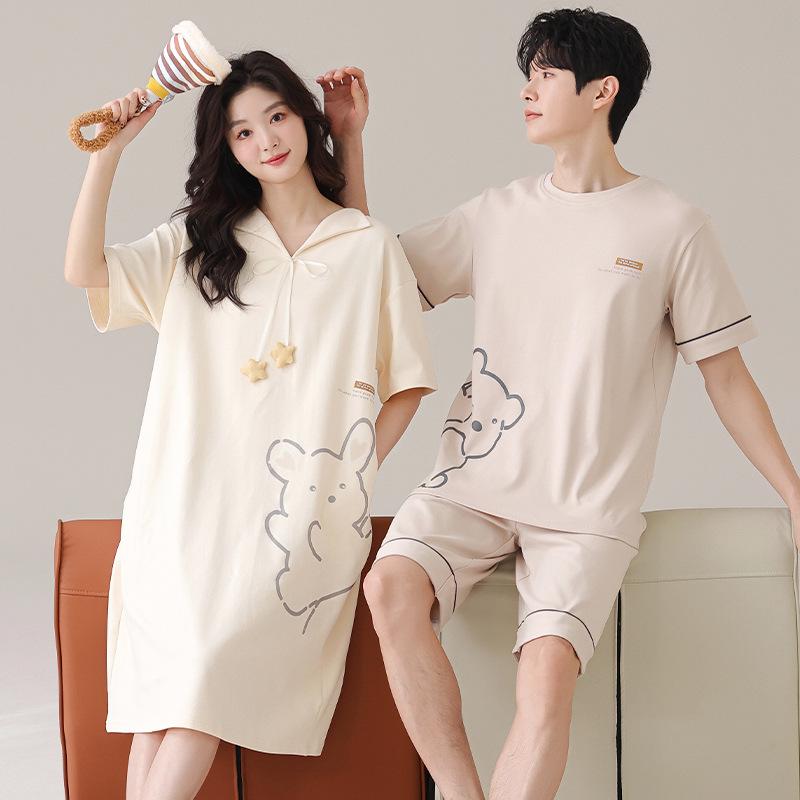 パジャマ レディース 夏 半袖 コットン かわいい ショートワンピース メンズ ルームウェア 上下セット 薄手 通気性 部屋着 寝巻き セットアップ 丸首 涼しい 快適 春夏