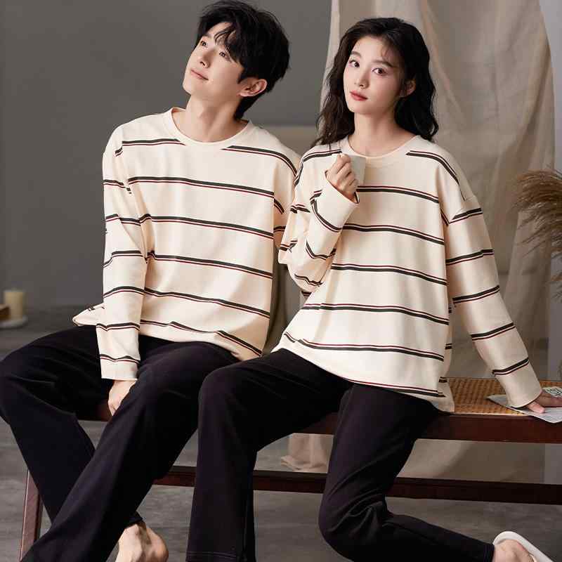 パジャマ レディース メンズ 長袖 長ズボン 上下セット 部屋着 ルームウェア 薄手 ストライプ柄 ポリエステル かわいい 春秋 伸縮性 リ..