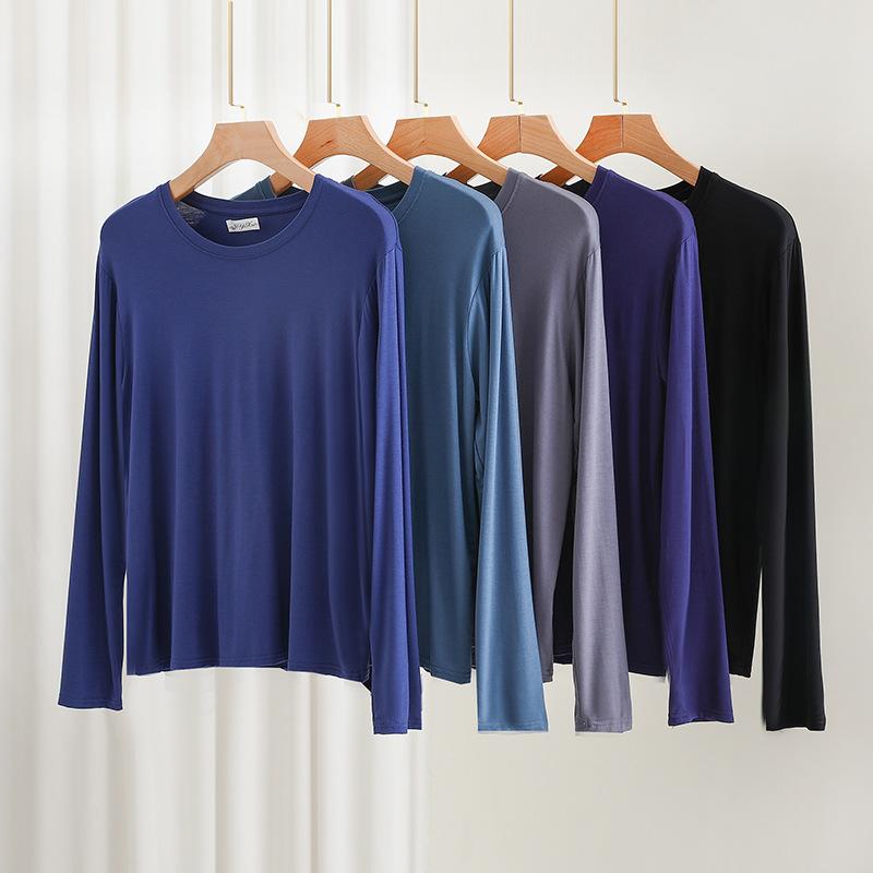 Tシャツ メンズ 男性用 長袖 モダール 無地 大きいサイズ パジャマ プルオーバー インナーシャツ 肌着 薄手 通気性 部屋着 リラックス 3XL 4XL 5XL 6XL ブラック グレー ブルー