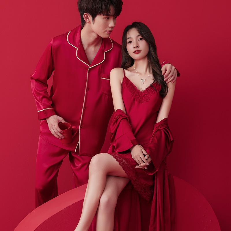 パジャマ レディース メンズ 春秋 婚礼 夫婦 風 ポリエステル 長袖 長ズボン セットアップ 赤 ルームウ..