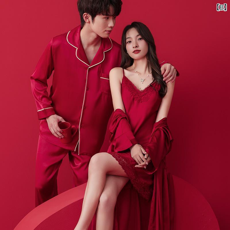 リモコンタウンエコ 楽天市場店のパジャマ レディース メンズ 春秋 婚礼 夫婦 風 ポリエステル 長袖 長ズボン セットアップ 赤 ルームウェア 部屋着 寝間着 浴場 ホテル 涼しい 快適｜アングル3