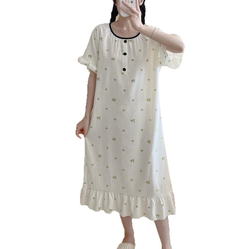 パジャマ レディース ワンピース M L XL XXL コットン 夏 プリント ラウンドネック かわいい 部屋着 リラックス ウェア 膝丈 半袖 薄手 ルームウェア