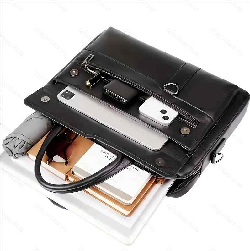 ショルダーバッグ メンズ 男性用 ビジネスバッグ 大容量 2way PUレザー 通勤 手提げ 斜めがけ 14インチ PC収納 撥水 耐摩耗 無地 黒 ブラック ダークブラウン カーキ(4)