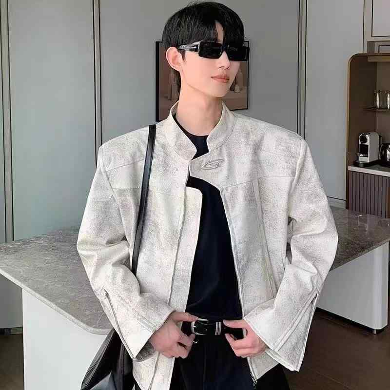 ジャケット メンズ 男性用 レザージャケット 秋冬 春秋 立襟 バイク オートバイ ゆったり ショート丈 パッド入り 肩パッド 30代 40代 50代 ブラック グレー