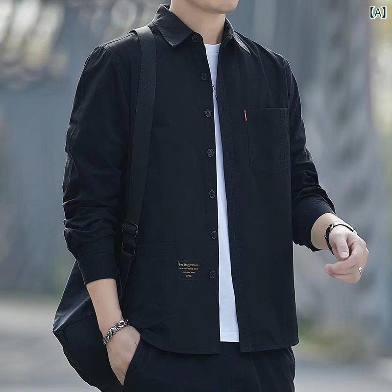シャツ 男性用 長袖 コットン トップス ゆったり 羽織り スプリングコート カジュアル ブラック グリーン カーキ グレー