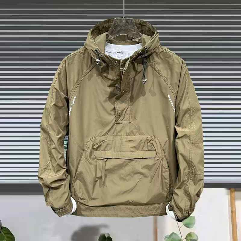 ジャケット 男性用 春夏 耐摩耗性 ハーフジップ パーカー 無地 プルオーバー トップス カジュアル ゆったり ジャンパー ブルゾン ミドル丈 黒 カーキ オフホワイト M L XL 2XL 3XL