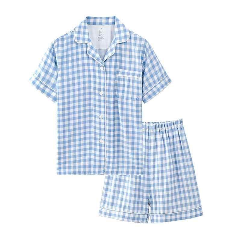 ルームウェア レディース メンズ パジャマ 上下セット 半袖 短パン 綿100% ダブルガーゼ 格子柄 Vネック 接触冷感 吸湿速乾 部屋着 寝巻き ピンク系 グレー ネイビー 春夏