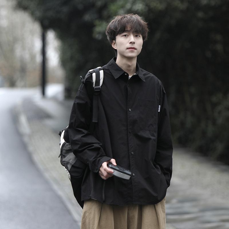 シャツ メンズ 長袖 春秋 男性用 デザイン ワークシャツ カジュアルシャツ アメカジ ゆったり ブラック 杏色 カーキ色 ポリエステル