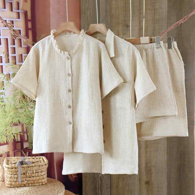 2パジャマ レディース メンズ 麻 リネン 半袖 短パン 上下セット ルームウェア 寝巻き 部屋着 接触冷感 通気性 薄手 春夏 ベージュ