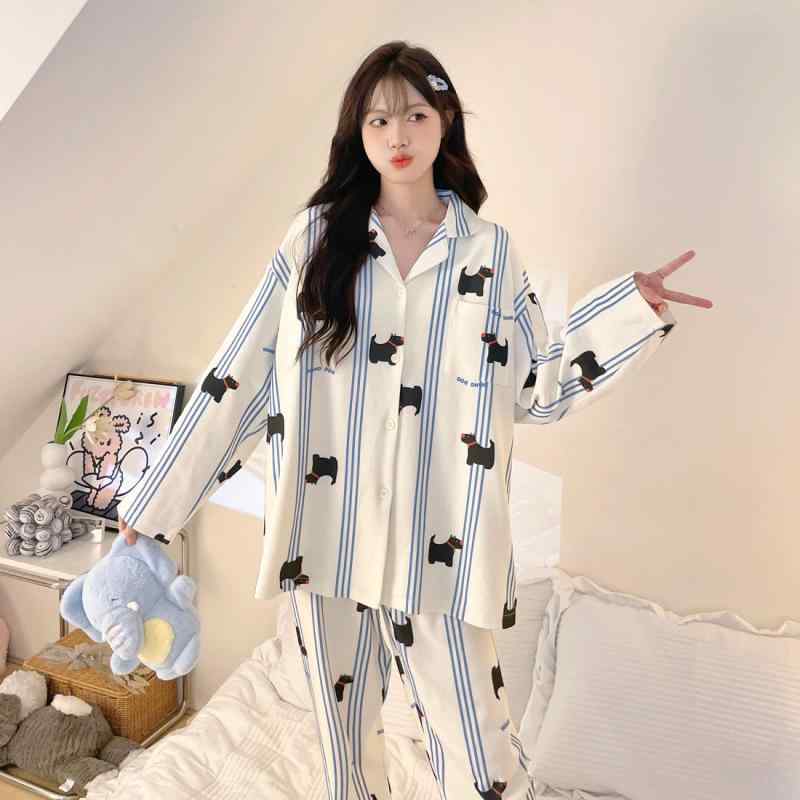 パジャマ レディース メンズ 春秋 長袖 ストライプ 猫柄 かわいい ルームウェア 上下セット あったか ..