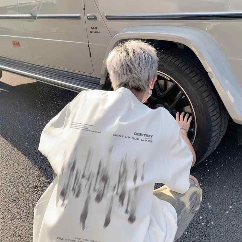 Tシャツ 男性用 半袖 コットン ゆったり カジュアル ストリート プリント 薄手 黒 白 グレー