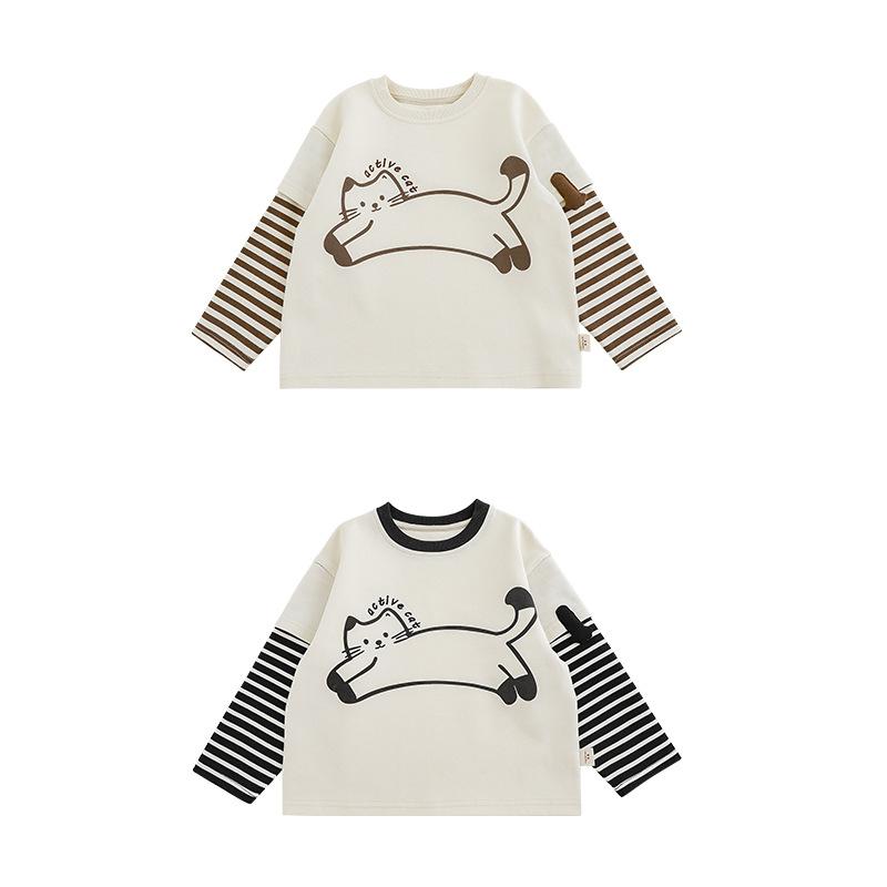 Tシャツ キッズ 男の子 長袖 ボーダー 猫 綿 秋 80 90 100 110 120 130 140cm