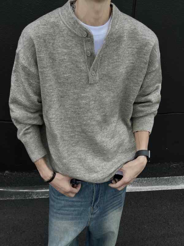 ニット メンズ ヘンリーネック セーター トップス リブ 裾 秋冬 春秋 長袖 プルオーバー ゆったり リラックス 普段使い 黒 ブラック グレー ポリエステル(3)