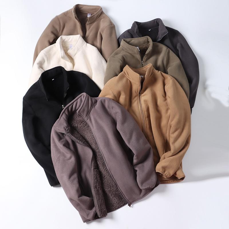 ジャケット 男性用 アウター 秋冬 アウトドア 防寒 暖かい フリース ゆったり スタンドカラー ミドル丈 ポリエステル 無地 深灰色 ブラック 米白色 オリーブグリーン 乳白色 レッド カーキ 浅カーキ 紺色