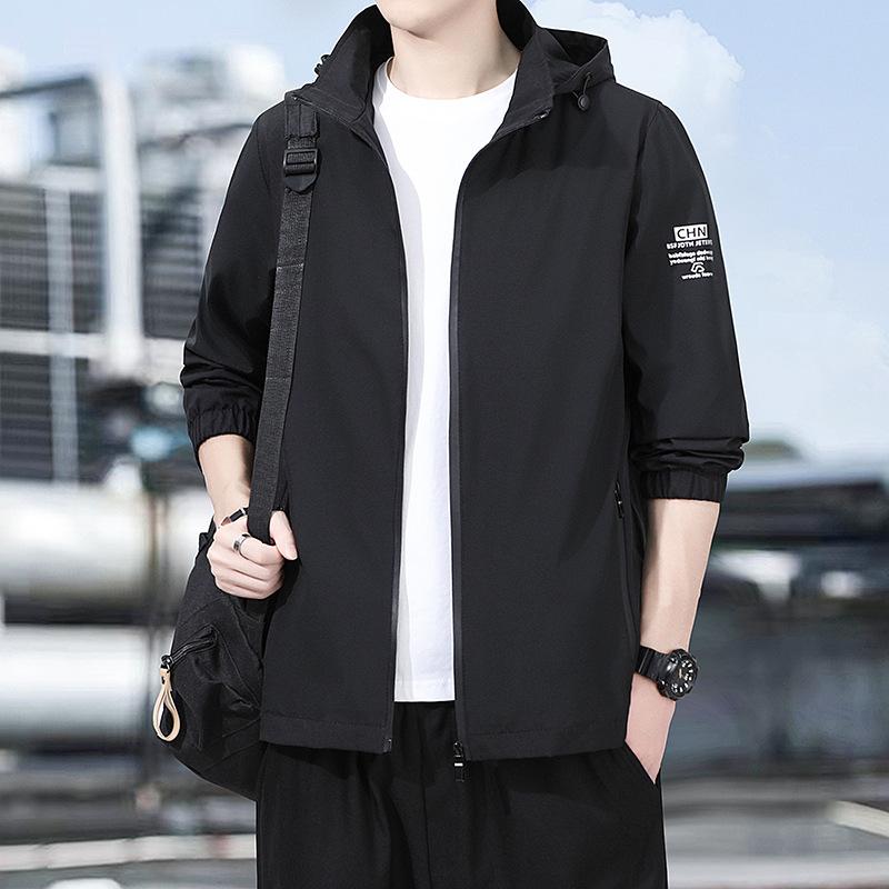 ジャケット メンズ 男性用 春秋 薄手 フード付き アウター カジュアル スポーティー 普段使い ポリエステル ブラック ブルー グレー