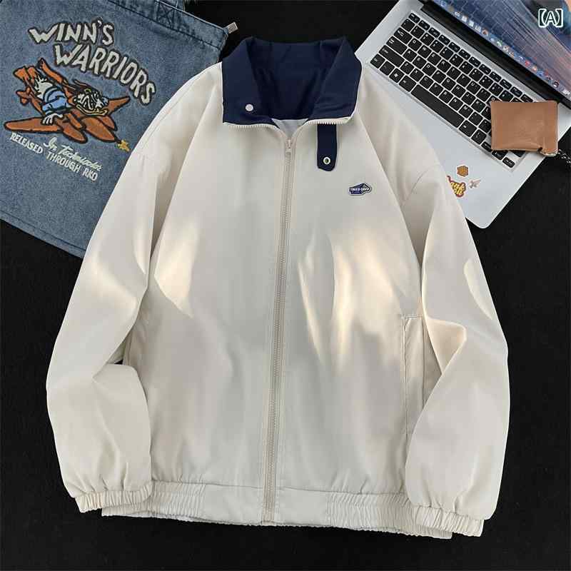 ジャケット 男性用 春秋 国潮 ワーク アウター ゆったり 防風 杏色 ブラウン ネイビー ポリエステル 無地 ポケット