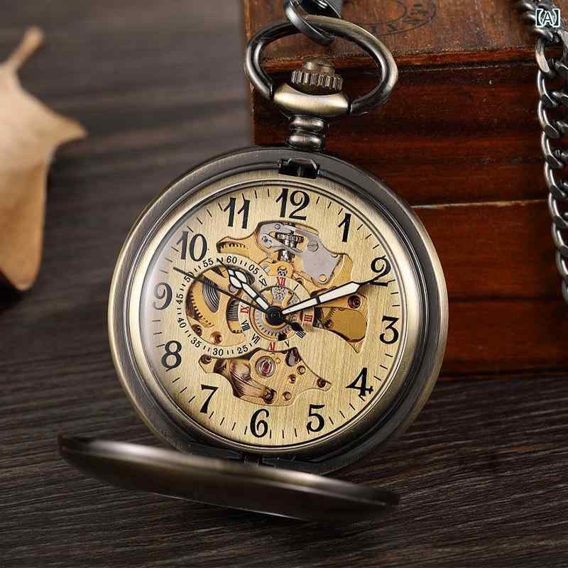 懐中時計 男性用 女性用 ギフト 機械式 自動巻き スケルトン アンティーク風 大きめ 文字盤 アナログ表示 おしゃれ レトロ 贈り物 プレゼント