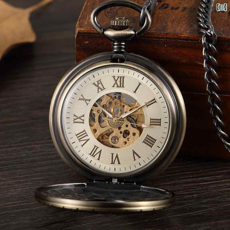 懐中時計 男性用 女性用 ギフト 機械式 自動巻き スケルトン アンティーク風 大きめ 文字盤 アナログ表示 おしゃれ レトロ 贈り物 プレゼント