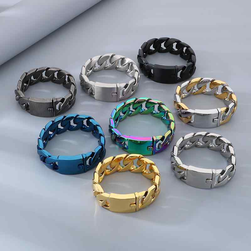 ネックレス メンズ 男性用 ブレスレット チタン鋼製 ヒップホップ クール 24mm 幅 キューバチェーン 電気メッキ加工 鋼色 ゴールド 黒 青 パンク 個性