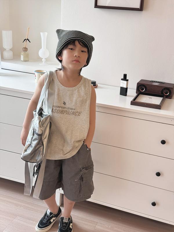 キッズ 子供用 タンクトップ ストリート系 トップス ダメージ加工 アルファベット柄 ノースリーブ カットソー コットン100% 普段着 白花灰 黒 100cm 110cm 120cm 130cm 140cm 150cm 160cm