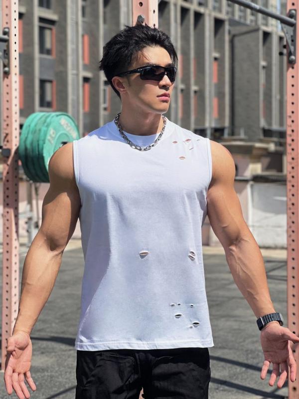 タンクトップ メンズ 男性用 トップス ランニング 部屋着 普段使い 運動 スポーツ 破れ加工 無袖 コッ..