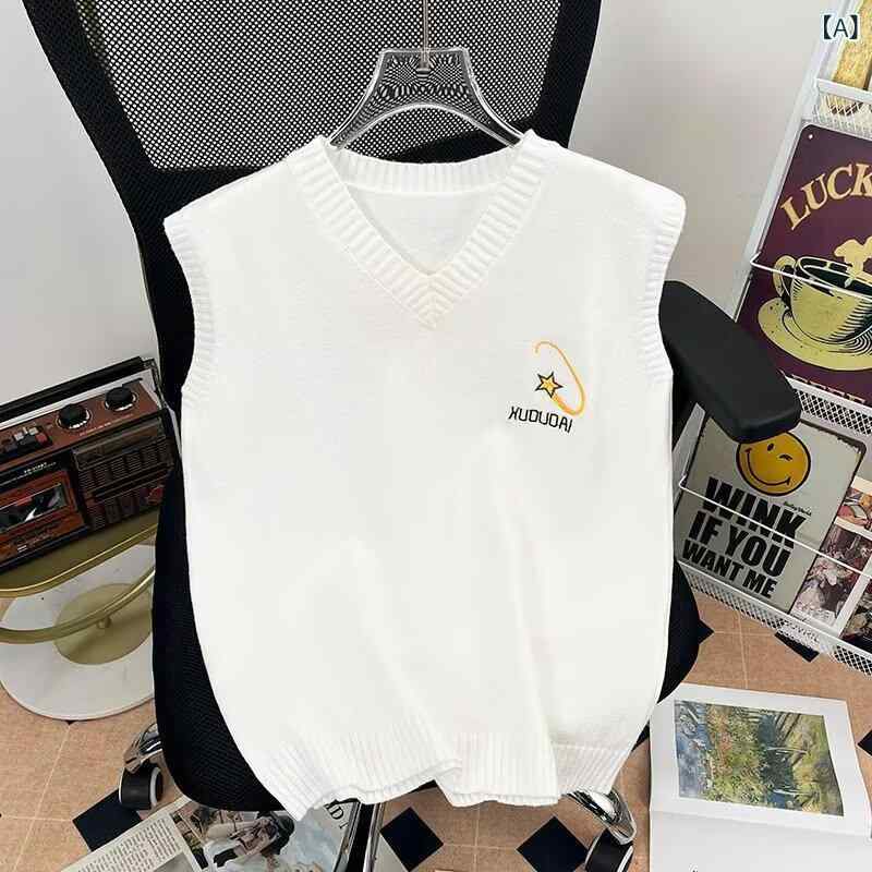 ニットベスト 男性用 カレッジスタイル リラックスフィット 春秋 プリント柄 コットン混紡 星柄 バナナ..